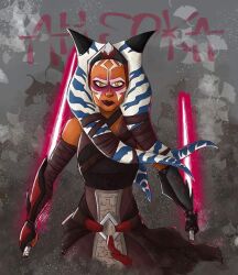 ahsoka_tano angry bare_shoulders belt corruption female_only femsub gloves grandkhan lightsaber nightmare_fuel opera_gloves skirt solo standing standing_at_attention star_wars star_wars_rebels tentacles text togruta twintails unhappy_trance yellow_eyes
