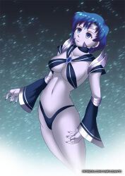 blue_hair breasts choker corruption earrings empty_eyes expressionless female_only hadant jewelry large_breasts long_nails midriff navel pale_skin sailor_mercury sailor_moon_(series) short_hair sideboob signature simple_background solo watermark