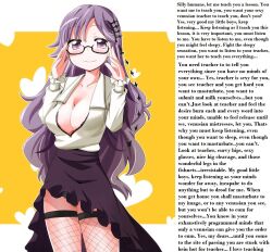 breasts caption cleavage female_only femdom glasses hypsubject_(manipper) large_breasts long_hair looking_at_viewer male_pov manip pov pov_sub purple_eyes purple_hair teacher text thighhighs