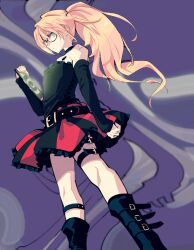 androgynous arm_warmers belt blonde_hair boots choker crossdressing expressionless feminization gatchaman_crowds glasses hypnotic_screen knee-high_boots long_hair male_only malesub manip missk_(manipper) ponytail rui_ninomiya skirt solo spiral spiral_eyes symbol_in_eyes tech_control trap