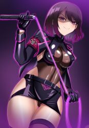  arm_bands aura bangs breasts brown_hair cleavage collar crotch_tattoo empty_eyes erect_nipples erect_nipples_under_clothes evil_smile female_only femdom gloves hyper_hetappi jacket leotard looking_at_viewer miniskirt multicolored_hair original pink_hair purple_eyes see-through short_hair skirt smile solo standing tattoo thigh_gap thighhighs whip 