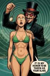abs ai_art bikini bikini_bottom bikini_top black_hair blonde_hair english_text femsub fortunadoe_(generator) glasses hat instant_loss maledom navel open_mouth pendulum ponytail pool shrunken_irises smile smirk speech_bubble standing standing_at_attention suit text unhappy_trance