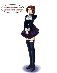  absurdres breasts brown_hair claire_redfield expressionless female_only femsub katsiika large_breasts maid ponytail resident_evil resident_evil_2 skirt solo spiral_eyes standing standing_at_attention symbol_in_eyes text thighhighs 