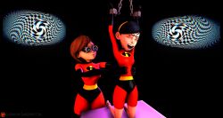 3d absurdres breasts disney female_only femdom femsub goggles helen_parr hypnotized_hypnotist knismotik large_breasts laughing mother_and_daughter multiple_girls tech_control the_incredibles tickling violet_parr