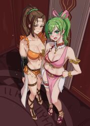  absurdres angry blush bracelet breasts brown_eyes brown_hair cleavage collarbone dancer emmettart female_only femsub fingerless_gloves fire_emblem fire_emblem_genealogy_of_the_holy_war gloves green_eyes green_hair large_breasts laylea_(fire_emblem) lene_(fire_emblem) loincloth looking_at_viewer midriff multiple_girls multiple_subs navel nintendo orange_eyes ponytail pov sandals 