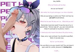  aahgik blush caption femsub grey_hair honkai_star_rail maledom manip oral penis pet_play pov_dom silver_wolf_(honkai_star_rail) spiral_eyes spiralwash_eyes text theholyfool_(manipper) trigger 