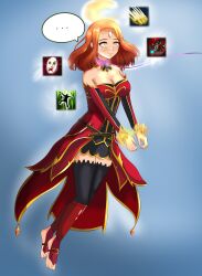  bare_shoulders barefoot blue_background breasts cleavage collar dota dota_2 dress female_only femsub floating gameplay_mechanics glowing glowing_eyes happy_trance large_breasts leash lina_(dota_2) long_hair red_hair smeef smile 
