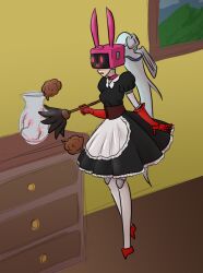 apron cleaning feather_duster female_only femsub helmet hypnotic_accessory labrys_(persona) maid mythkaz open_mouth original persona_(series) persona_4 persona_4_arena ponytail robot robot_girl silver_hair tech_control z-tech_(zko)