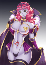 black_sclera breasts cape celica_(fire_emblem) cleavage corruption earrings empty_eyes evil_smile fire_emblem fire_emblem_echoes haryudanto jewelry large_breasts midriff nintendo red_hair smile tattoo thighhighs 