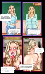 blonde_hair blue_eyes blush classroom cross cum_in_ass cum_in_pussy drool empty_eyes english_text fellatio femsub jeans large_ass large_hips light_skin long_hair maledom necklace nude open_mouth pendulum shirt smile speech_bubble standing standing_at_attention tan_skin teacher tongue_out whitewash_eyes