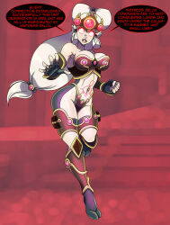  absurdres breath_of_the_wild corruption dialogue elf_ears enemy_conversion expressionless femdom femsub fingerless_gloves gloves glowing glowing_eyes hypnotic_accessory impa navel_piercing nintendo red_eyes robot robotization speech_bubble tattoo text the_legend_of_zelda very_long_hair white_hair whitewash_eyes zorro-zero 