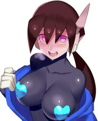  aile blush bodysuit breasts brown_hair capcom drool female_only femsub glowing glowing_eyes happy_trance headphones heart heart_pasties large_breasts long_hair megaman_(series) megaman_zx open_mouth pasties pink_eyes ponytail smile solo sweat ukimukai undressing 