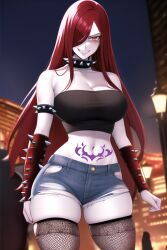  ai_art alternate_costume corruption erza_scarlet evil_smile fairy_tail femsub fishnets happy_trance long_hair night outdoors punk red_hair smile tattoo torn_clothes 