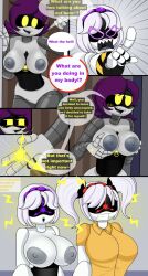  breast_grab breasts comic cyn_(murder_drones) doll_(murder_drones) female_only femdom femsub murder_drones possession red_eyes restrained reypan serial_designation_j serial_designation_v tagme text uzi_doorman 