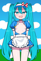  blue_eyes blue_hair blush breasts breasts_outside clothed clothed_exposure empty_eyes exposed_chest femsub flat_chest mesmerizer_(vocaloid) miku_hatsune open_mouth pussy smile twintails visor vocaloid zing 