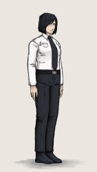 agnikka_sato black_hair clothed empty_eyes expressionless female_only femsub office_lady shoes short_hair solo spiral_eyes standing standing_at_attention suit symbol_in_eyes tie