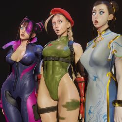 beret blonde_hair cammy_white capcom catsuit chun-li cleavage dazed eh hair_buns juri_han kaa_eyes leotard street_fighter