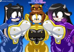 bee_girl bodysuit breasts bunny_girl cow_girl flashpointgear furry happy_trance huge_breasts latex meat_corp melissa_(hypnobr) original rossy_the_rabbit_(flashpointgear) smile sonic_the_hedgehog_(series) squatting standing vane_the_bee_(ladyshadow)