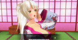 3d blush breasts dialogue female_only green_eyes japanese_clothing kamen_writer_mc kimono large_breasts lipstick mc_trap_town ponytail red_lipstick screenshot solo text translated white_hair
