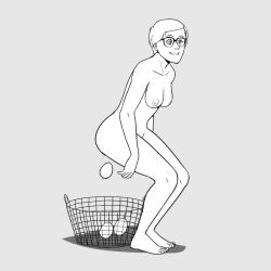 barefoot bottomless breasts egg_laying eggs female_only femsub glasses greyscale happy_trance hypnostink large_breasts nipples nude original ring_eyes short_hair simple_background topless