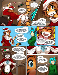 accidental_hypnosis ass blue_hair bottomless brown_hair cat_girl christmas comic femdom femsub flora_(twokinds) furry glowing glowing_eyes hat heterosexual kathrin_vaughan long_hair magic mistletoe santa_hat text tiger_girl tom_fischbach trace_legacy twokinds western