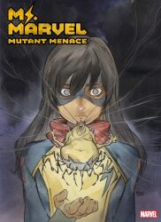  black_hair comic cover english_text expressionless eye_mask femsub fingerless_gloves grey_background kamala_khan looking_at_viewer maledom marvel_comics mojo ms._marvel official official_art scarf signature spiral_eyes super_hero text uniform western x-men 
