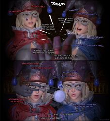  3d blonde_hair blue_jongleur_(final_fantasy_xiv) comic costume english_text femsub final_fantasy final_fantasy_xiv finger_snap happy_trance hat jester maledom mask open_mouth pendulum red_jongleur_(final_fantasy_xiv) short_hair spiral_eyes square_enix stage_hypnosis text tongue tongue_out twins veylumskies watermark 