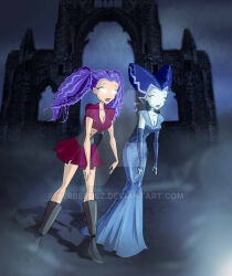 artist_request blue_hair boots cleavage dress female_only femsub glowing knee-high_boots monster_girl multiple_girls pale_skin purple_hair stormy twintails winx_club witch zulema_(winx_club)