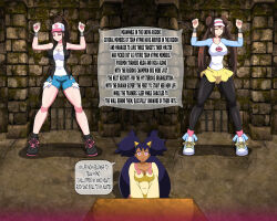 black_hair brown_hair dark_skin dialogue dlobo777 femsub hilda iris large_breasts long_hair pokemon rosa_(pokemon) sleeping team_hypno text