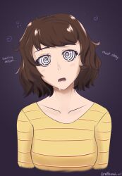 absurdres blush brown_hair drool female_only femsub nettleseeds open_mouth persona_(series) persona_5 sadayo_kawakami short_hair solo spiral_eyes symbol_in_eyes text