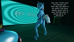  3d absurdres blue_hair bottomless breasts cuddlycarlos female_only femdom furry horns horse hypnotic_ass hypnotic_screen my_little_pony open_mouth pov pov_sub smile solo text the_great_and_powerful_trixie topless 