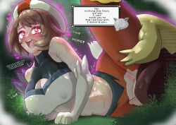  blush breasts brown_hair cinderace cleavage_cutout clothed clothed_sex drowzee femsub gloria_(pokemon) maledom memory_lapse midriff nintendo open_mouth pink_eyes pokemon pokemon_(creature) pokemon_sword_and_shield pokephilia sex size_difference skye_borough sweat torn_clothes vaginal 