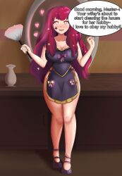  apron bare_legs bow breasts cleavage collarbone dialogue feather_duster female_only femsub fire_emblem fire_emblem_engage hair_ornament happy_trance heart heart_eyes high_heels housewife love maledom naked_apron nintendo pink_eyes red_hair ribbon smeef solo speech_bubble standing stepfordization symbol_in_eyes text very_long_hair yunaka_(fire_emblem) 