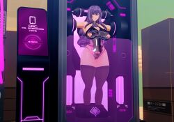  3d bangs bare_shoulders cleavage corruption cosplay crotch_cutout custom_maid_3d_2 expressionless female_only femsub fishnets kasarou large_breasts leotard long_hair milf monitor nipple_cutout nipples original pink_eyes pubic_hair purple_hair restrained rubber taimanin_(series) tech_control thick_thighs thighhighs wide_hips 