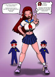 aware breasts cheerleader crazycowproductions dialogue female_only femsub large_breasts long_hair red_hair school_uniform split_personality standing standing_at_attention text thought_bubble unhappy_trance