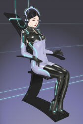 bodysuit character_request closed_eyes erect_nipples expressionless female_only femsub headphones high_heels latex long_hair shed2602 sitting solo tech_control tron