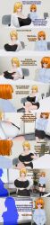  absurdres altered_common_sense angry blonde_hair blue_eyes calusteri clothed dialogue english_text female_only femsub glasses huge_breasts long_hair multiple_girls office office_lady orange_hair original short_hair text unaware 