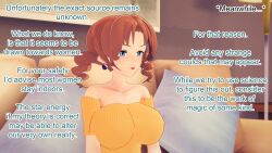 aware blue_eyes brown_hair caroline clothed couch dialogue earrings english_text female_only milf mustardsauce pillow pokemon pokemon_(anime) professor_juniper text