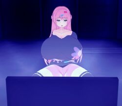 3d bianca_abercrombie breasts clinic_of_horrors expressionless female_only femsub huge_breasts hypnotic_screen kenshi19g long_hair open_mouth pink_hair sitting solo spiral_eyes symbol_in_eyes tech_control tv