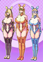 absurdres arm_warmers blonde_hair breasts breath_of_the_wild bunny_ears cleavage cynthia efalabrino female_only femsub gloves hair_covering_one_eye happy_trance heart_eyes large_breasts leotard long_hair metroid_(series) mole multiple_girls multiple_subs navel nintendo pokemon pokemon_diamond_pearl_and_platinum ponytail princess_zelda samus_aran see-through smile standing standing_at_attention tech_control the_legend_of_zelda thighhighs very_long_hair visor