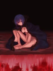  absurdres alternate_costume bare_legs barefoot blue_hair body_markings breasts ciel_(tsukihime) cloak convenient_censoring crotch_tattoo eye_color_change eyebrows_visible_through_hair feet femsub kizzif2943 legs looking_back michael_roa_valdamjong midriff possession red_eyes short_hair sitting tattoo tsukihime vampire 