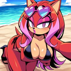 ai_art beach bikini cat_girl furry glasses high_heels lipstick novelai_(ai) pink_eyes red_hair selfie spiral_eyes toni-technaclaw toni_technaclaw