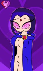  blush cloak dc_comics female_only femsub heart_eyes hypnoscream love_potion pink_eyes purple_hair raven short_hair super_hero teen_titans 