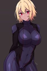  arms_behind_back batta18th blonde_hair blush bodysuit breasts cameltoe empty_eyes expressionless female_only femsub grey_background large_breasts looking_at_viewer original red_eyes short_hair signature simple_background solo standing 