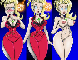 absurdres blonde_hair blush bottomless breasts cleavage erect_nipples expressionless female_only femsub final_fantasy final_fantasy_vii glowing glowing_eyes hypnotic_accessory large_breasts nude open_mouth pendulum resisting scarlet_(ff7) spiral_eyes standing standing_at_attention symbol_in_eyes topless zorro-zero