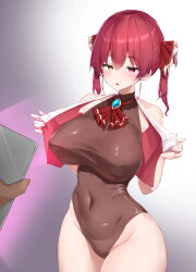  blush bodysuit breasts cell_phone empty_eyes expressionless femsub hair_ornament heterochromia hololive large_breasts leotard long_hair maledom marine_houshou nai_(cnoadi8) navel open_mouth purple_hair red_hair solo tech_control twintails undressing virtual_youtuber 