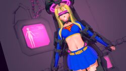  3d belted_skirt blonde_hair breasts collar corruption dazed dc_comics female_only femsub glowing koikatsu! long_hair midriff monitor navel open_mouth ps4kou restrained skirt solo supergirl sweat tech_control visor 