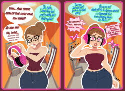 ai_art before_and_after braid brown_eyes brown_hair clothed comic english_text female_only femsub freckles glasses headphones heart_eyes hypnofantasy_(artist) hypnotized_assistant hypnotized_hypnotist jeans midriff open_mouth pink_eyes resisting single_hair_bun standing tech_control text tube_top