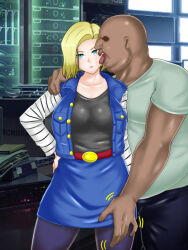  age_difference android_18 belted_skirt blonde_hair blue_eyes collarbone comic dollification dragon_ball dragon_ball_z empty_eyes hand_on_hip huge_breasts indifferent jean_skirt konnandakke licking netorare short_hair skirt tomboy ugly_bastard unaware 