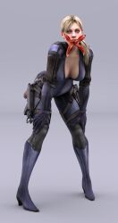  3d blonde_hair bobyshal bodysuit capcom cleavage erect_nipples erect_nipples_under_clothes female_only femsub glowing_eyes grey_background jill_valentine large_breasts looking_at_viewer open_clothes orange_eyes parasite ponytail posing resident_evil resident_evil_5 simple_background solo weapon 